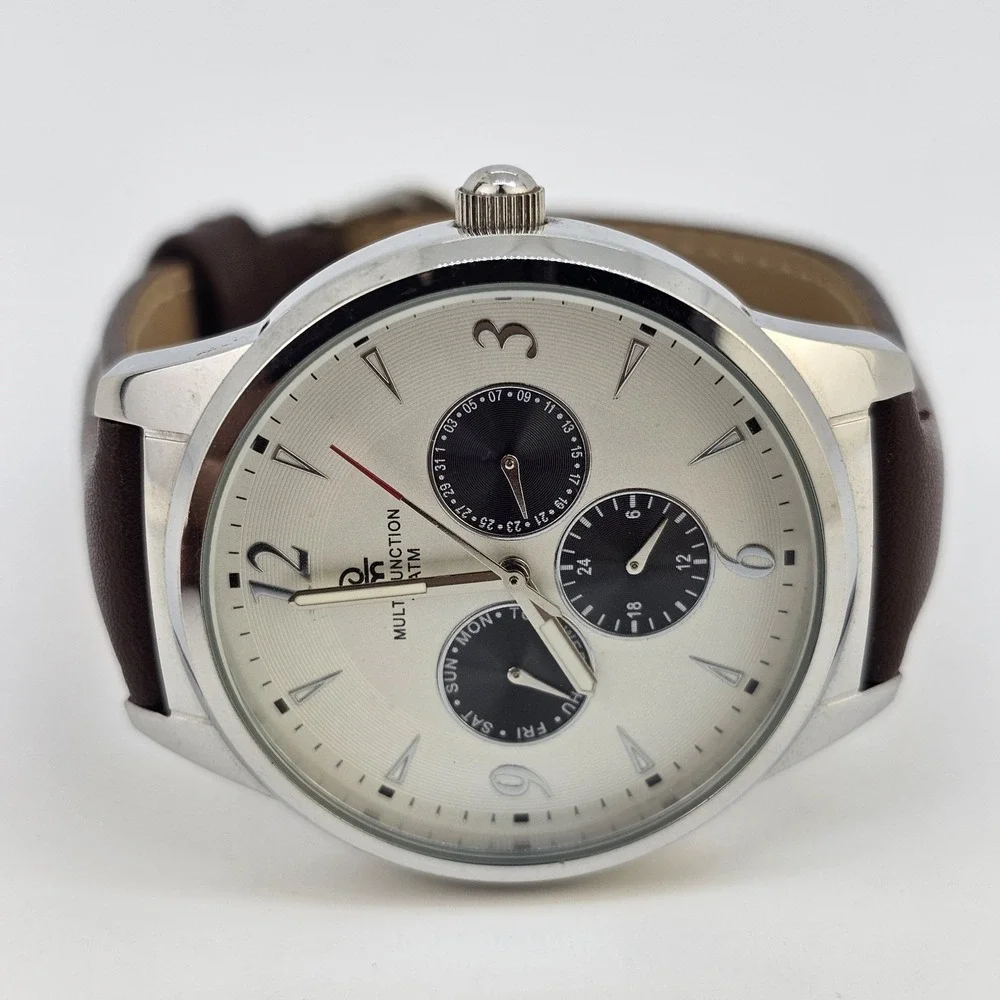 Men's Watch 40MM White Dial Day Date New Brown Leather Bands‎ New Battery